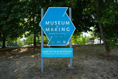 Museum Of Making Derby Silk Mill Sign, River Kitchen, Trees, Derby, England. Stock Photos