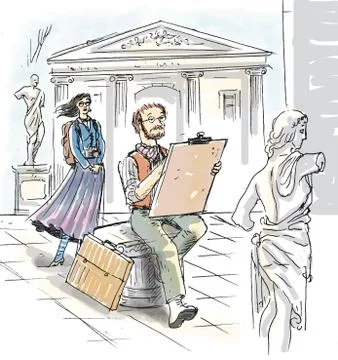 In museum, man drawing statue while woman watches Illustrazione stock
