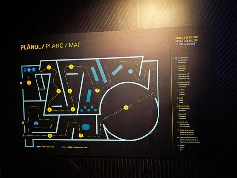 Museum map and floor plan signage showing visitor route and numbered exhibi.. Stock Photos