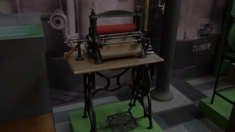 Museum old metal machine pedal table rivet history retro vintage industry Stock Footage 344111291