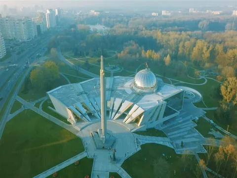 The Museum Park Complex Memory Second World War And Stele In Minsk. Aerial. Stock Footage 81438154