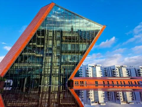 Museum of the Second Patriotic War with reflection in the water. Gdansk, Pola Stock Photos