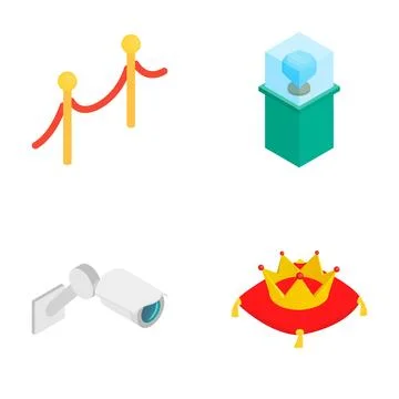 Museum security and exhibit flat isometric icons Stock Illustration