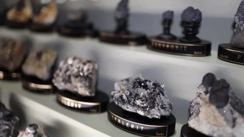 A museum shelf displaying a collection of rare mineral specimens, including spha Stock Footage 289635712