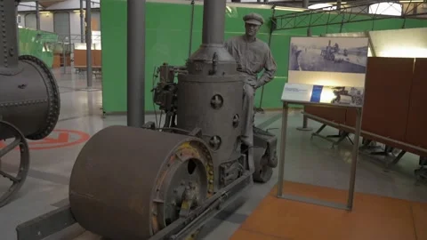Museum steamroller road roller old iron steam industry statue retro mNACTEC Stock Footage 344273158