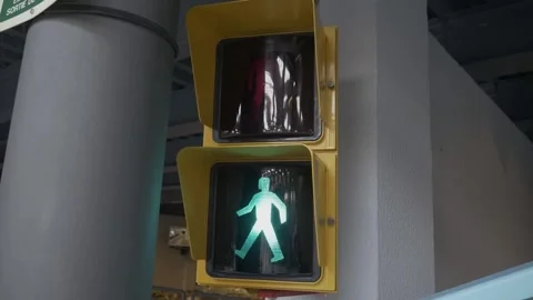 Museum traffic light cross walk stop wait green red Europe Stock Footage 344111322
