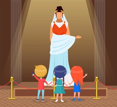 Museum visitors group of small children looking at classical figure of roman Stock Illustration