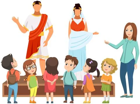 Museum visitors group of small children looking at classical figure of roman Stock Illustration