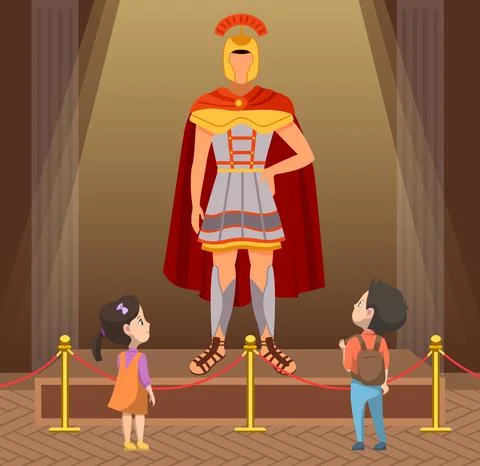 Museum visitors group of small children looking at classical figure of roman Stock Illustration