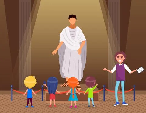 Museum visitors group of small children looking at classical figure of roman Stock Illustration