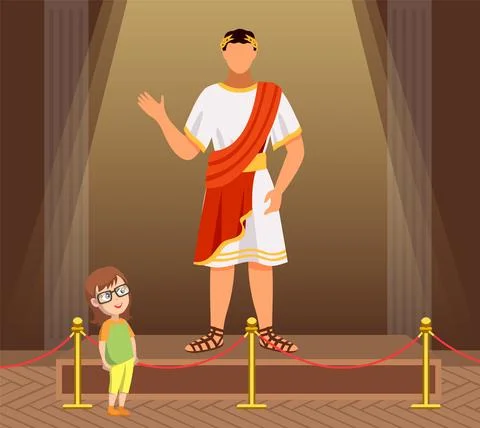 Museum visitors group of small children looking at classical figure of roman Stock Illustration