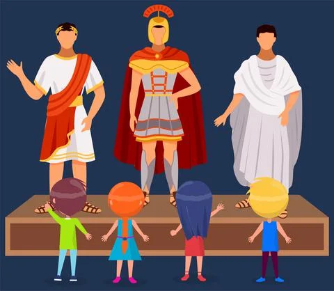 Museum visitors group of small children looking at classical figure of roman Stock Illustration