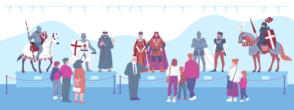 Museum visitors, vector excursion of medieval ages, enjoying expositions of Stock Illustration