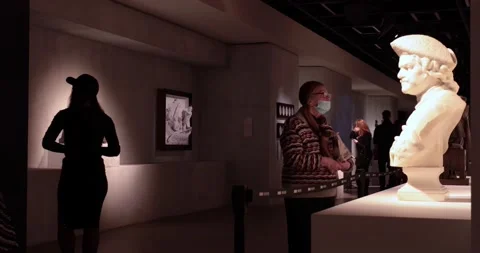 Museum visitors weared in face masks taking a tour at statue exhibition Stock-Footage 152152011