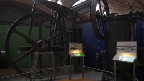 Museum wheel machine metal old iron boiler industry history retro vintage Stock Footage 344111328