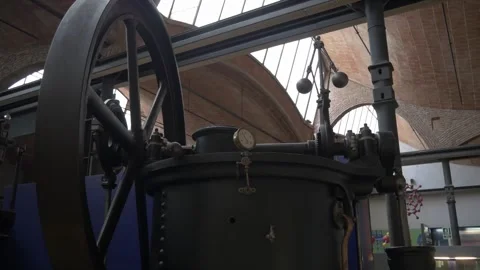 Museum wheel machine metal old iron boiler industry pressure gauge retro Stock Footage 344273157
