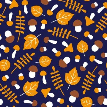 Mushroom and leaf pattern on blue background Stock Illustration