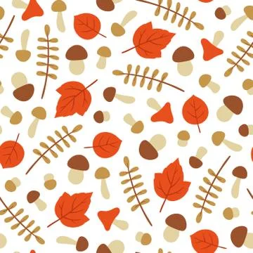 Mushroom and leaf pattern on white background Stock Illustration