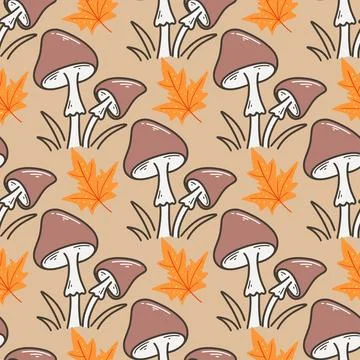 Mushroom autumn seamless pattern with maple leaves Stock Illustration