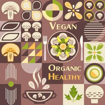 Mushroom background with design elements in simple geometric style 스톡 일러스트