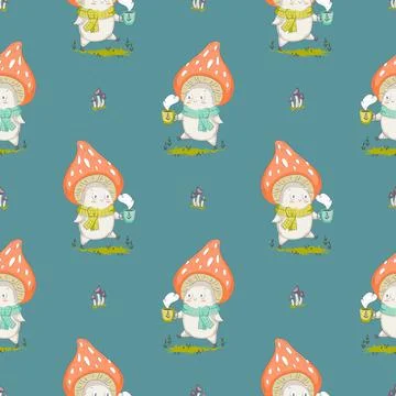 Mushroom cartoon seamless background pattern Stock Illustration