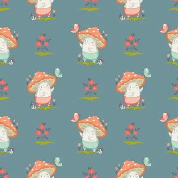 Mushroom cartoon seamless background pattern Stock Illustration