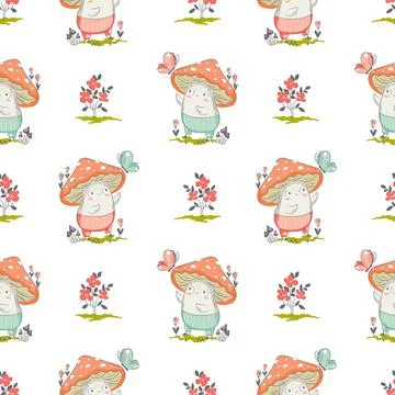Mushroom cartoon seamless background pattern Stock Illustration