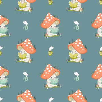Mushroom cartoon seamless background pattern Stock Illustration