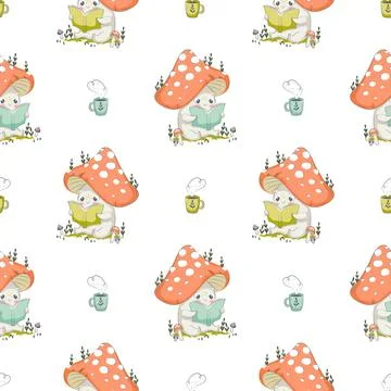 Mushroom cartoon seamless background pattern Stock Illustration
