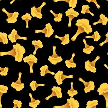 Mushroom chanterelle seamless pattern on black background. Vector Stock Illustration