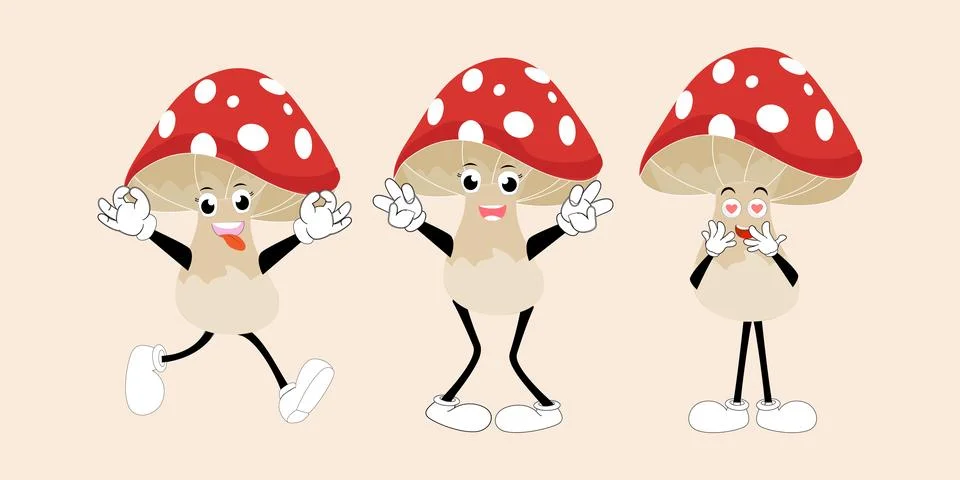 Mushroom character design different expression in vintage style Stock Illustration
