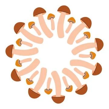 Mushroom circle frame. Round border made of fall mushrooms. The mushrooms have Stock Illustration