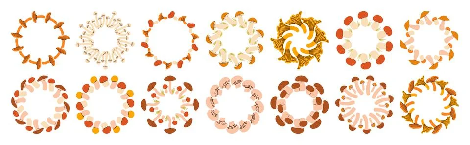 Mushroom circle frame set. Round border made of fall mushrooms. The mushrooms Stock Illustration