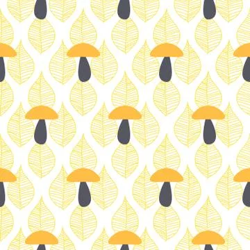 Mushroom cute seamless vector pattern. Fall cartoon leaves yellow and orange Stock Illustration