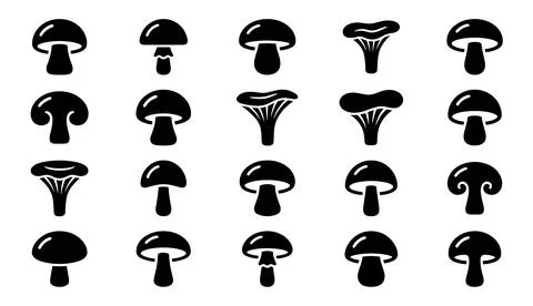 Mushroom flat icon set with simple black minimal fungus shapes in vector Stock Illustration