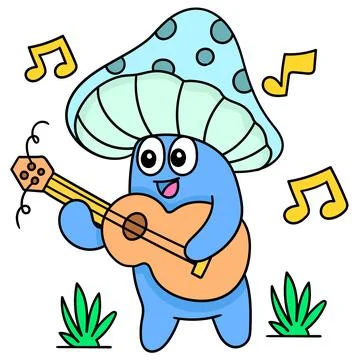 Mushroom with a funny face smiling while singing a song wearing a guitar, doo Stock Illustration