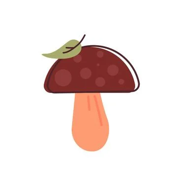 Mushroom with green leaf. Fall element. Flat, cartoon, vector Stock Illustration