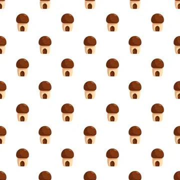 Mushroom house pattern creating a whimsical seamless design Stock Illustration