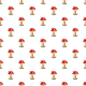 Mushroom house pattern repeating as seamless background design Stock Illustration