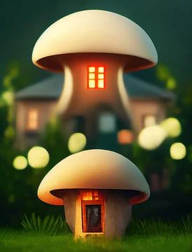 Mushroom houses with luminous windows. Fairytale houses of elves and gnomes. 3d Stock Illustration
