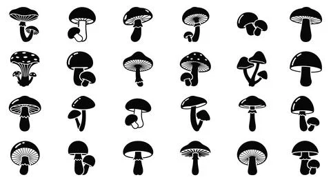 Mushroom icon set featuring black fungus silhouettes in flat style vector Stock Illustration