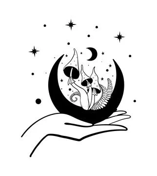 Mushroom microdosing concept, hand holding moon with mystical mushrooms Illustrazione stock