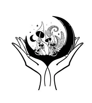 Mushroom microdosing concept, two hands hold the moon with mystical mushrooms Illustrazione stock