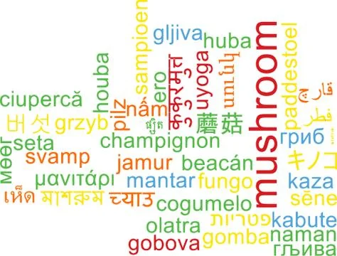 Mushroom multilanguage wordcloud background concept Stock Illustration