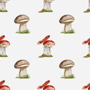 Mushroom pattern design capturing the essence of autumn in a watercolor style Stock Illustration