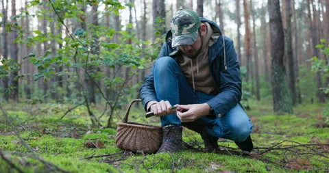 Mushroom picker dressed in jacket and helmet walking in forest leaning close to Stock Footage 169557990