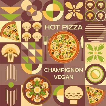 Mushroom pizza background with design elements in simple geometric style Illustrazione stock