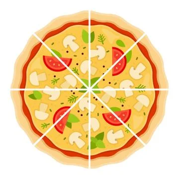 Mushroom pizza cut into triangular pieces vector flat isolated Stock Illustration