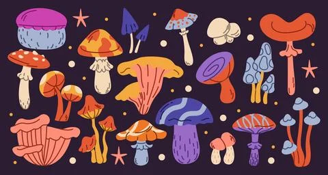 Mushroom psychedelic. Space element acid peace positive, fly mystical agari.. Illustrazione stock
