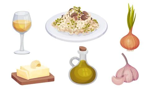 Mushroom Risotto Served on Plate with Ingredients Around Vector Set Stock Illustration